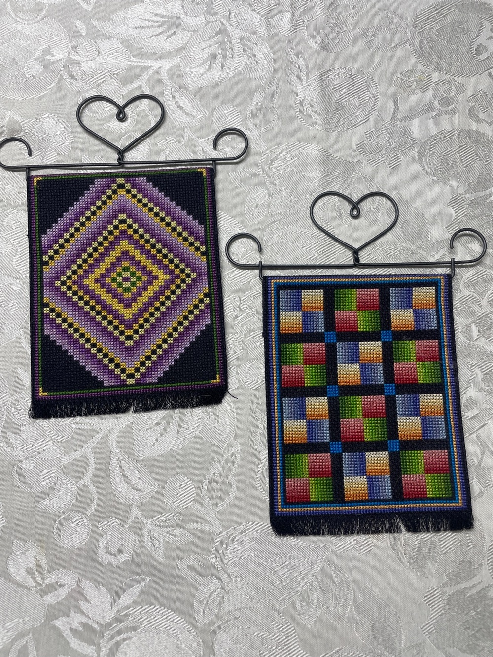 Handmade Geometric cross stitch Wall Hangings - Purple & Multicolor. Metal heart